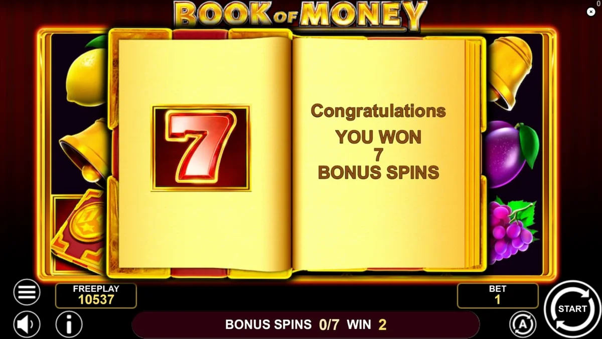 Book of Money slot gameplay screen na may mga prutas at libro