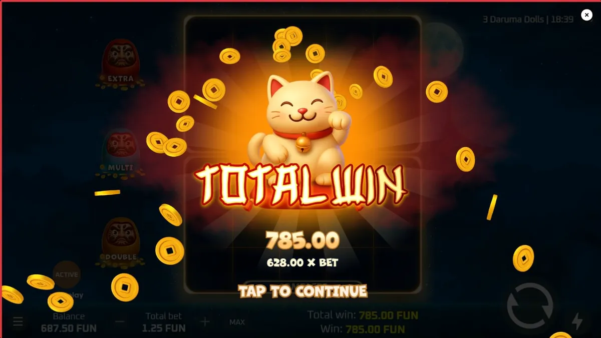 3 Daruma Dolls slot machine interface na may mga Japanese symbols