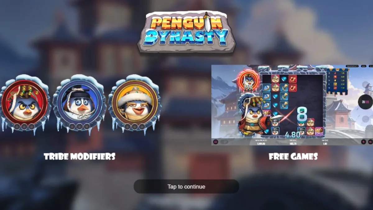 Penguin Dynasty slot game grid na may mga makukulay na simbolo ng tribal penguin